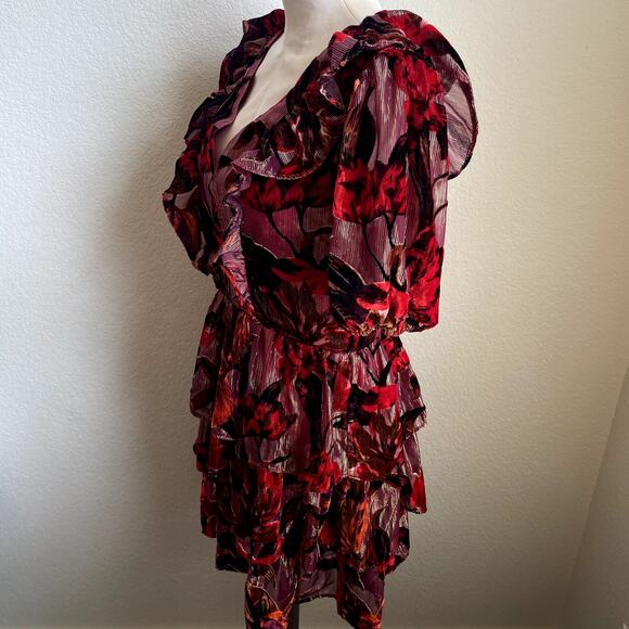 Adelyn Rae Khalia Burnout Red gold Velvet ruffle dress Mini Dress Womens Medium - Picture 8 of 12
